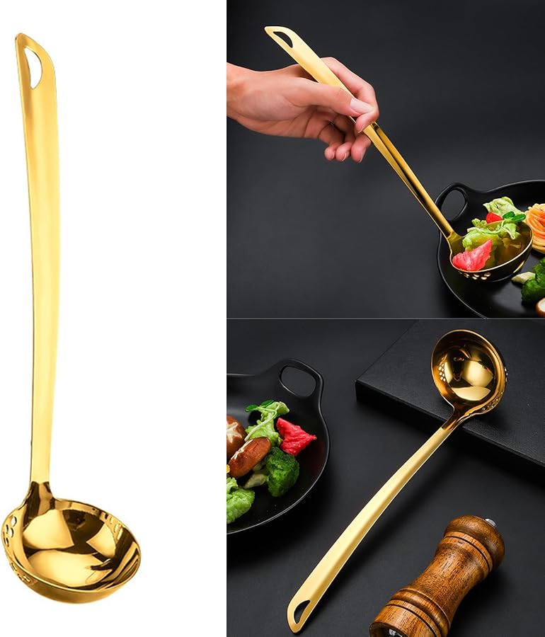 Gold Stainless Steel Long Handle Strainer Spoon Soup Skimmer Cooking Utensil - Image 2